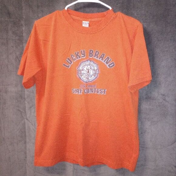 Lucky Brand Vintage 90/Y2K Orange T-Shirt Size Large EUC P2P 20 in - Picture 1 of 6